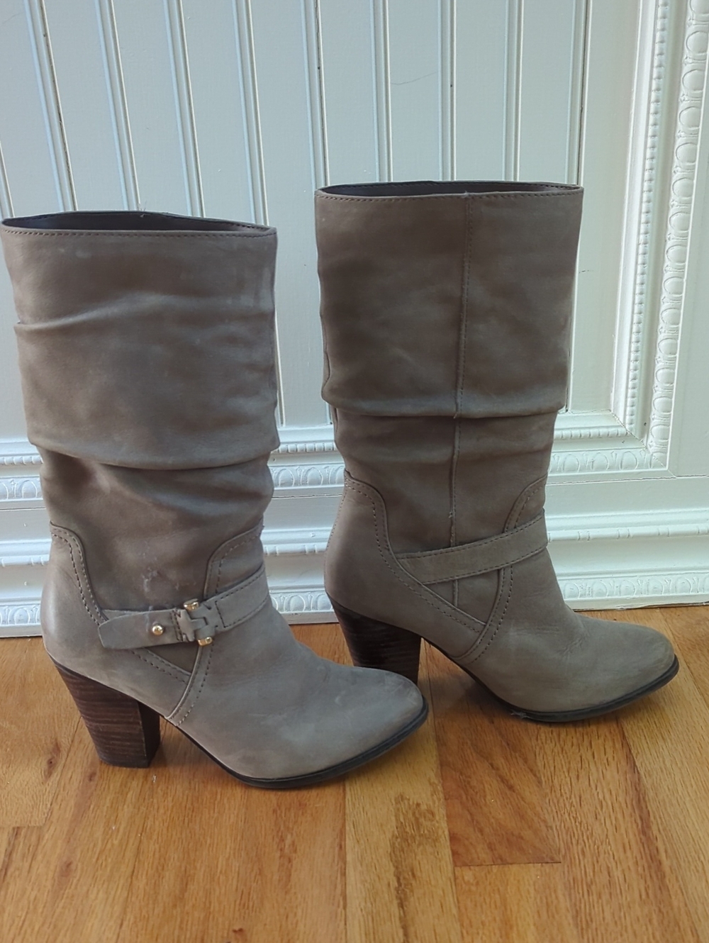 Aldo Taupe Slouchy Mid-Calf Heeled Boots with Buckle Accent